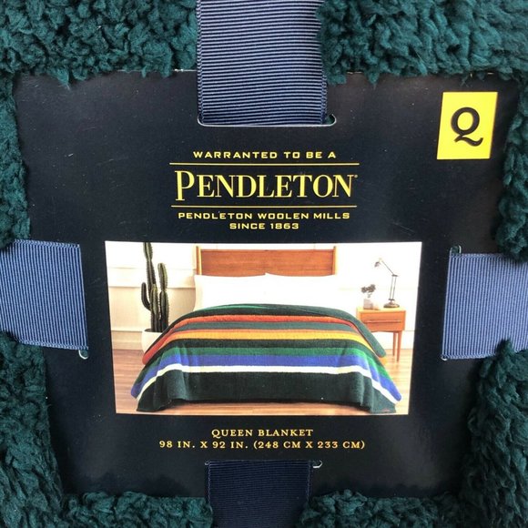 Pendleton Sherpa Fleece Blanket Evergreen Stripe Queen New 98 X 92 Inches Soft - Picture 2 of 12